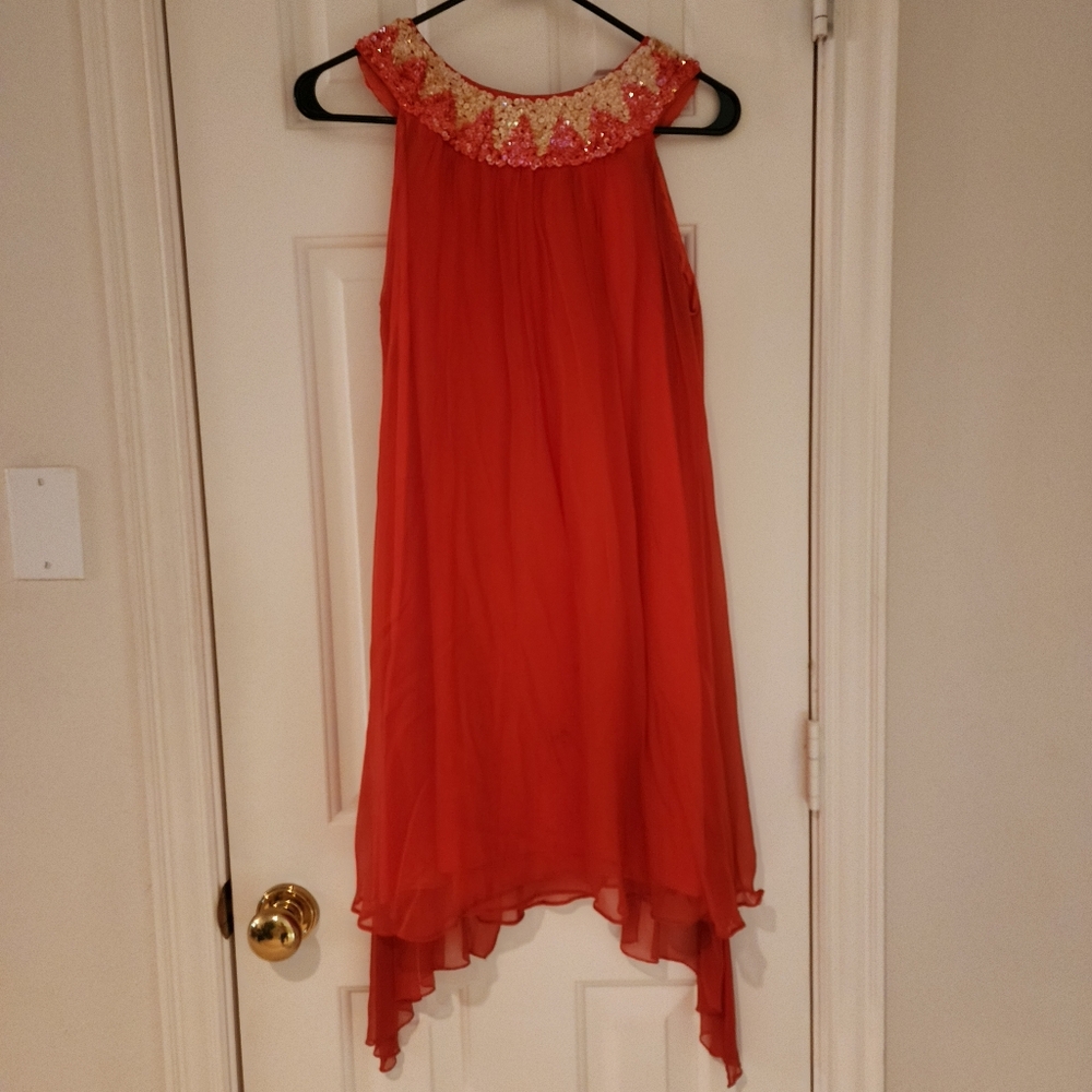 VINTAGE Orange Cocktail Dress w/ Yellow Geometric Collar SMALL